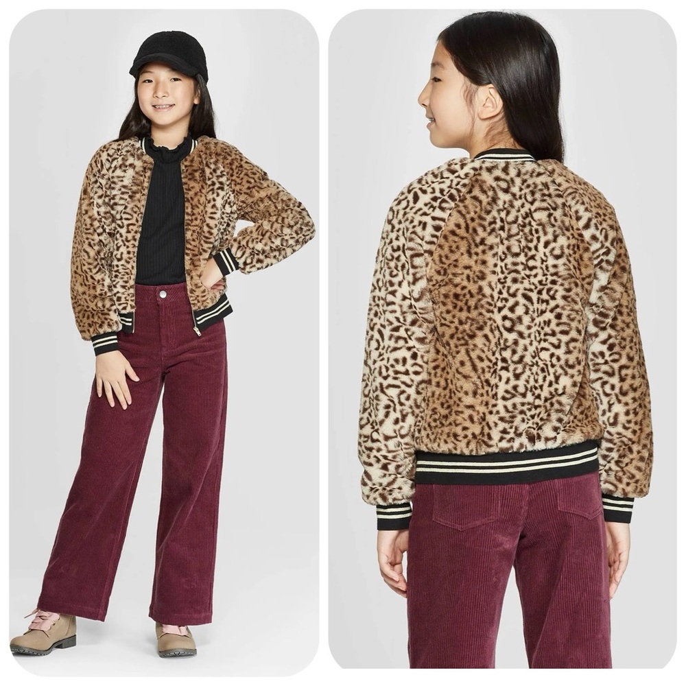 EUC Art Class Brown Leopard Faux Fur Bomber Jacket